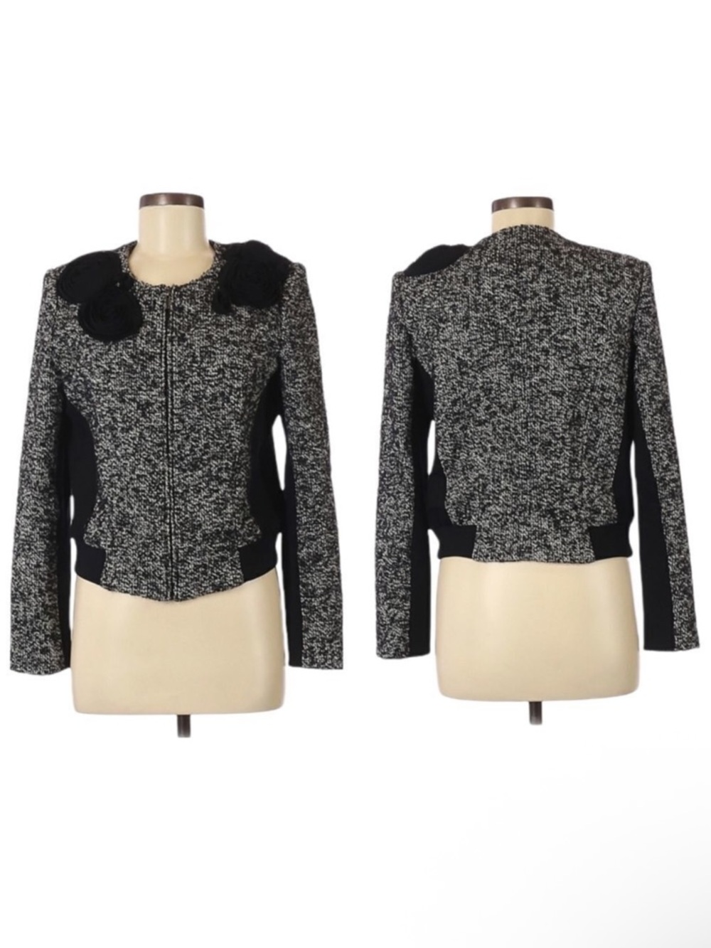 CACHE Wool Tweed 3D Floral Embellished Blazer Zip Jacket 10